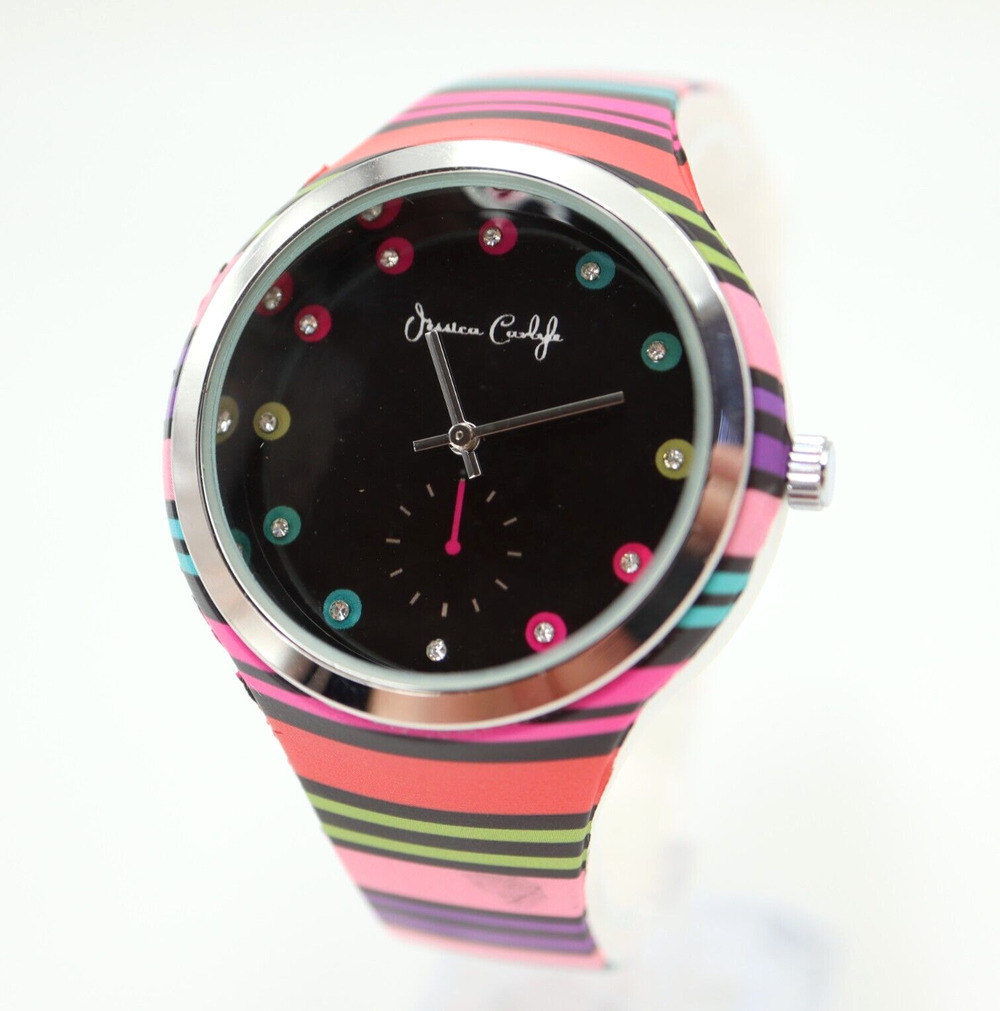Jessica Carlyle Multicolor Watch 38mm Black Jeweled Dial Silicone Strap Working